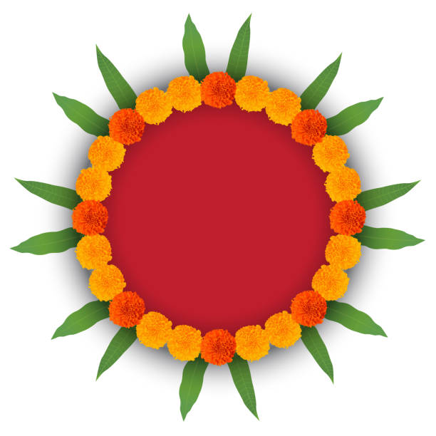 festival decoration element with marigold flower and mango leaf Marigold flower and Mango leaf for festival Decoration dussehra stock illustrations