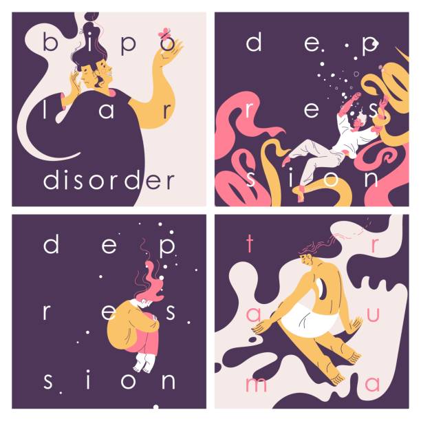 Concept illustrations with lettering about mental problems with mind health. Depression, trauma and bipolar disorder square compositions. Concept illustrations with lettering about mental problems with mind health. Depression, trauma and bipolar disorder square compositions. bipolar disorder stock illustrations