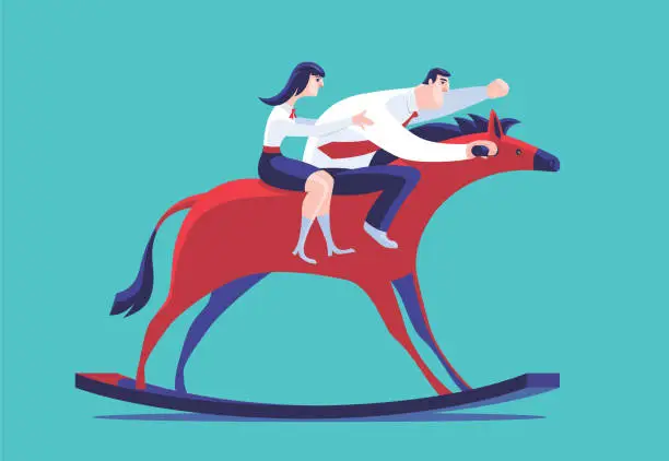 Vector illustration of business couple riding rocking horse