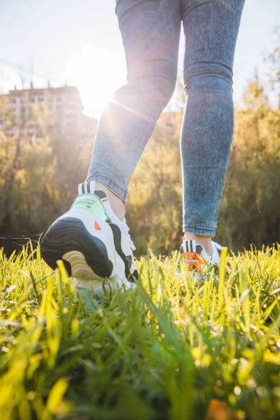 istock White sneakers with black inserts on female legs dressed in jeans on green grass 1282825064