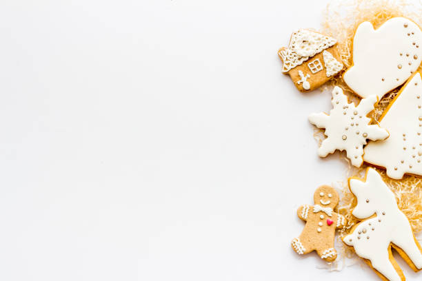 Christmas cookies with gingerbread men, top view, flat lay.