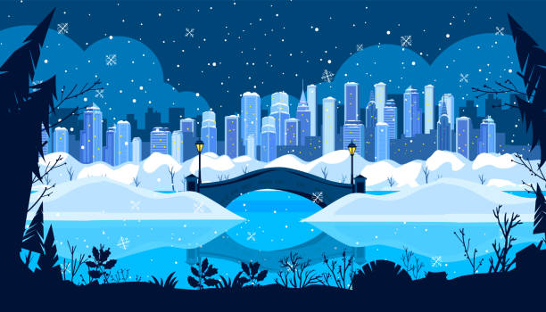 illustrazioni stock, clip art, cartoni animati e icone di tendenza di sfondo natalizio delle vacanze invernali della città con neve, ponte, edifici di new york, parco, contorno degli alberi. - new york city new york state skyline winter