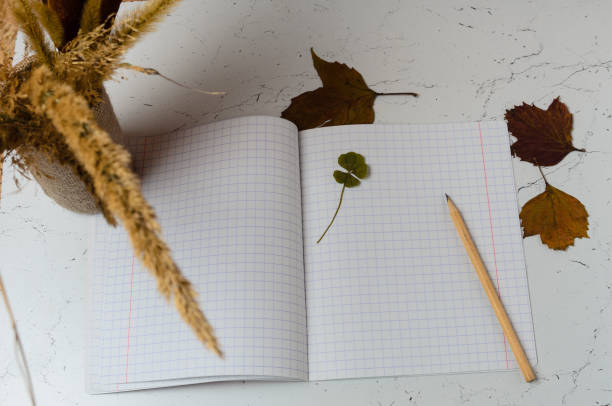 istock Notebook with a bookmark made of four-leaf clover 1282827487