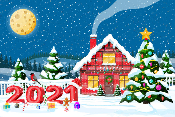 ilustraciones, imágenes clip art, dibujos animados e iconos de stock de paisaje de invierno del año nuevo de navidad - christmas santa claus north pole snow