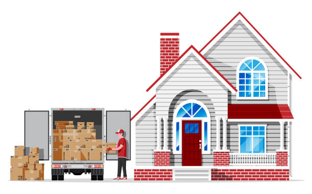 lieferwagen voller kartons und haus - truck moving van moving house box stock-grafiken, -clipart, -cartoons und -symbole