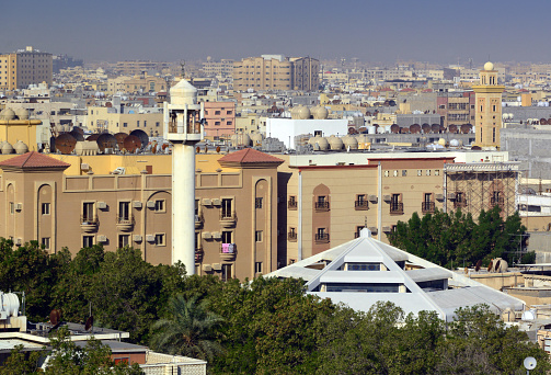 Dammam, Eastern Province, Saudi Arabia: Mosque of Mohammad Ibn Al-Qasim and Damman skyline, with its unusual hexagonal design - corner of 15th Street and Prince Sultan Bin Abdulaziz Street - The port city of Dammam is the capital and largest city of the province of Ash-Sharqiyya (Eastern Province) in Saudi Arabia and an important location for the Saudi oil industry.