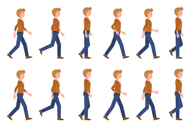 bildbanksillustrationer, clip art samt tecknat material och ikoner med ung, vuxen man i jeans walking sekvens utgör vektor illustration. framåt, snabb, långsam gå person seriefigur som på vitt - happy slowmotion
