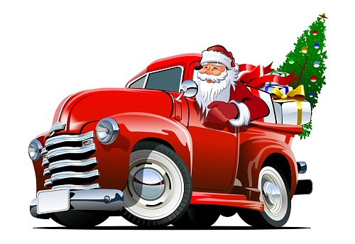 Cartoon retro Christmas delivery pickup. Available eps-10 vector format separated by groups with transparency effects for one-click repaint