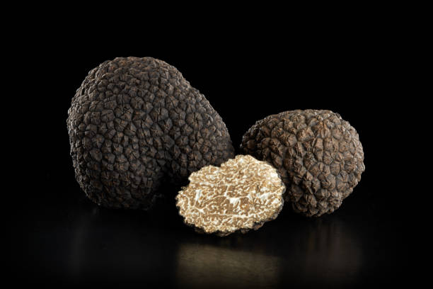 istock Black truffles group and slice on black, clipping path included 1282827945