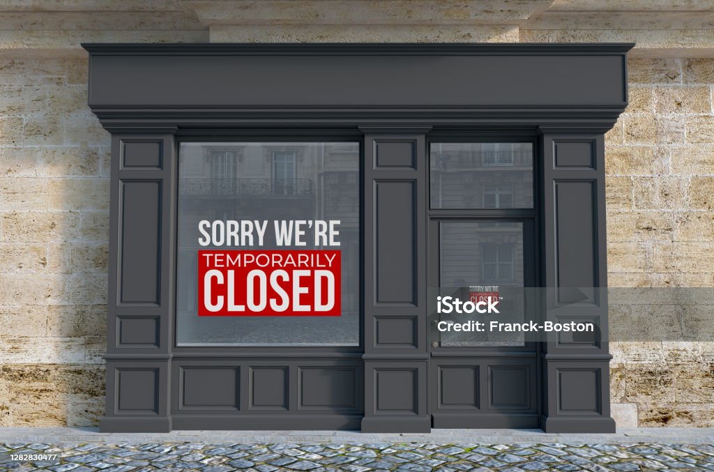 Sorry we are closed sign 3D rendering of Shop with the blinds down and the sign, sorry we are closed Store Window Stock Photo