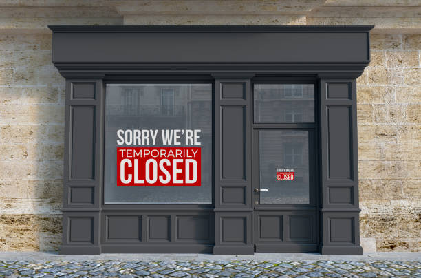 Sorry we are closed sign 3D rendering of Shop with the blinds down and the sign, sorry we are closed store window stock pictures, royalty-free photos & images