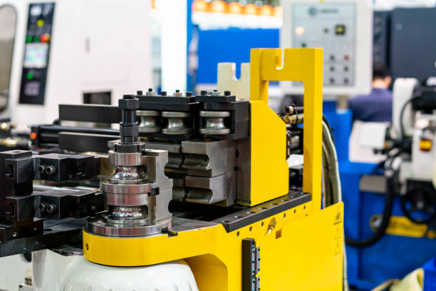 istock High technology and precision semi automatic pipe or tube bending machine for manufacturing in industrial metal work at workshop 1282831103
