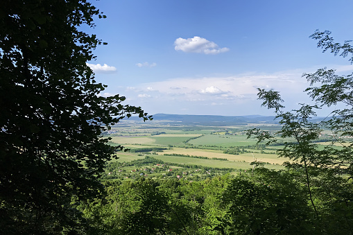 Hungarian landscape with view of meadows and hills against the blue sky through the branches of trees in the foreground.