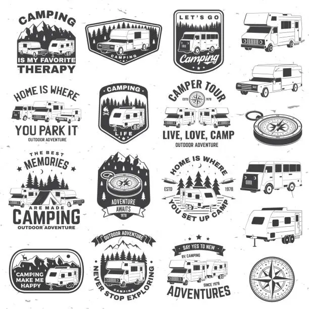Vector illustration of Set of rv camping badges, patches. Vector. Concept for shirt or logo, print, stamp or tee. Vintage typography design with RV Motorhome, camping trailer and off-road car silhouette.