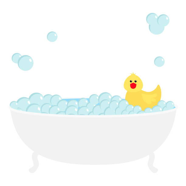 ilustraciones, imágenes clip art, dibujos animados e iconos de stock de icono de burbuja de espuma de jabón del tubo de baño del baño. baño interior. lindo juguete de pato de goma amarillo. animal kawaii. relájese en el spa. diseño plano. fondo blanco. aislado. - rubber duck