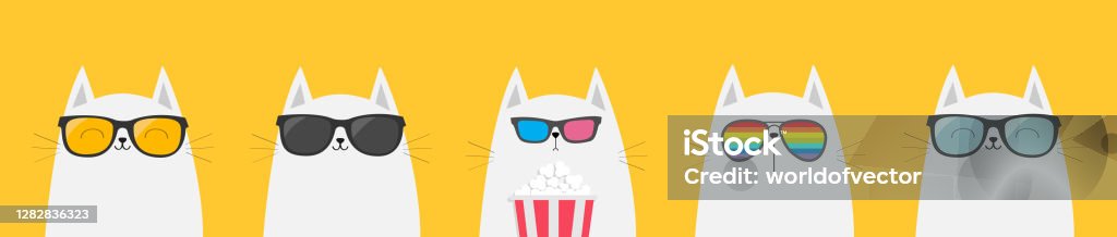 White Cat Set Eating Popcorn Cinema Theater Cute Cartoon Funny Character  Film Show Kitten Watching Movie In 3d Glasses Sunglasses Rainbow Glass  Yellow Background Isolated Flat Design Stock Illustration - Download Image