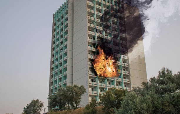 istock Explosion in the building. The building is burning 1282837131