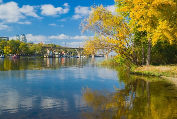 fall comes to dnepr river in dnepropetrovsk city - ukraine nature imagens e fotografias de stock