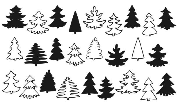 Hand drawn Christmas tree set isolated on a white background. Doodle sketch, outline and black silhouette. Vector icon, new year decorative element, woodland design, spruce, fir, pine illustration. Hand drawn Christmas tree set isolated on a white background. Doodle sketch, outline and black silhouette. Vector icon, new year decorative element, woodland design, spruce, fir, pine illustration. simple tree silhouette stock illustrations