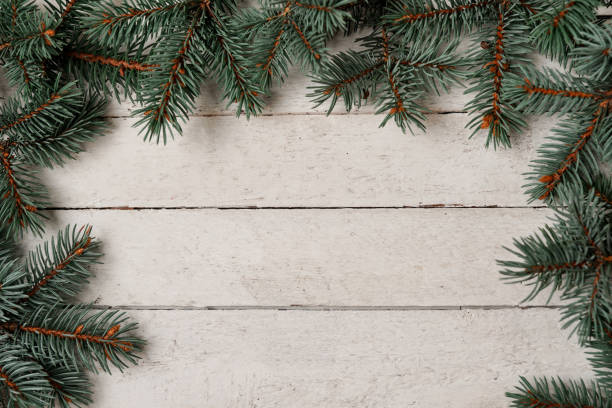 istock Christmas fir tree on a white wooden background, copy space 1282838693