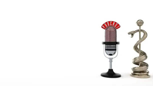 A podcast microphone with the aesculapian staff on the white background. 3d illustration.