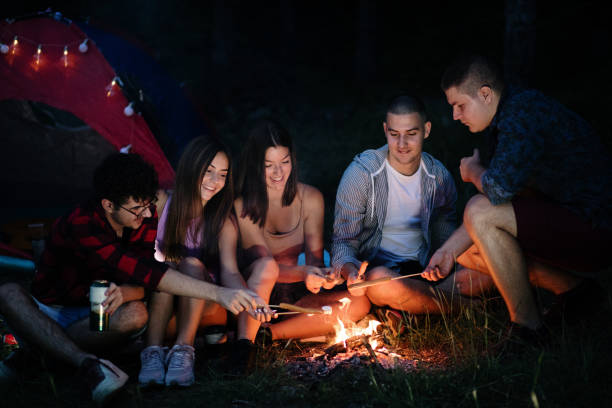 Friends roasting marshmallows over forest campfire stock photo