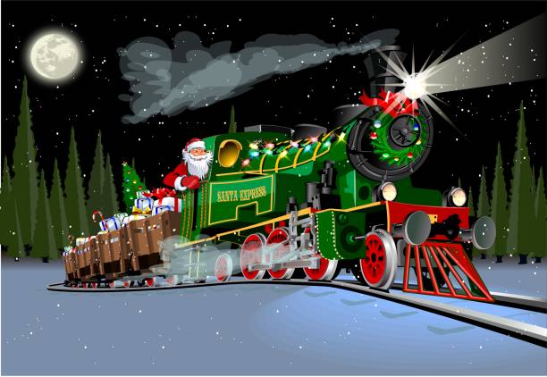 ilustraciones, imágenes clip art, dibujos animados e iconos de stock de vector tarjeta de navidad con dibujos animados santa express - locomotive steam train train snow