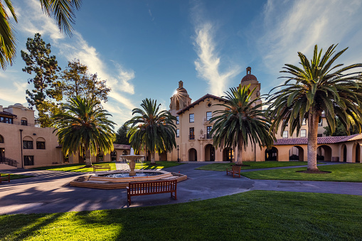 Campus buildings and hallways of the Stanford University, USA. Stanford, USA - September 11 2018.