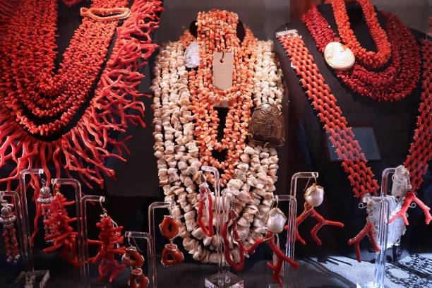 Coral jewellery in Croatia. Jewelry store window display in Korcula.