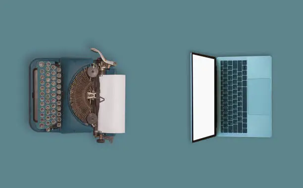 Past, present and future of technology and devices, from typewriter to computer,Top view.