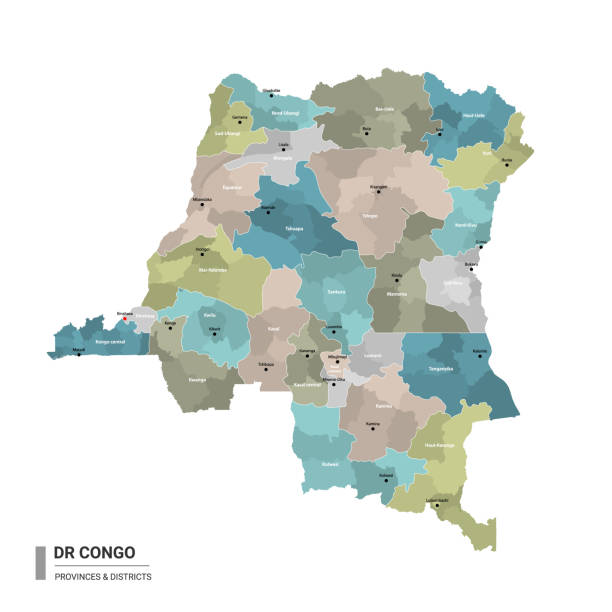 DR Congo higt detailed map with subdivisions. DR Congo higt detailed map with subdivisions. Administrative map of DR Congo with districts and cities name, colored by states and administrative districts. Vector illustration with editable and labelled layers. kinshasa stock illustrations