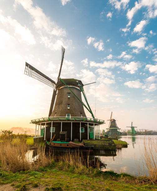 mulini a vento tradizionali olandesi subito dopo l'alba - zaandam foto e immagini stock