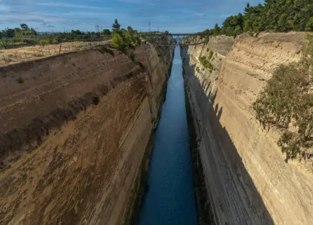 Photo of The stunning Corinth Canal connecting the Gulf of Corinth in the Ionian Sea with the Saronic Gulf in the Aegean Sea.