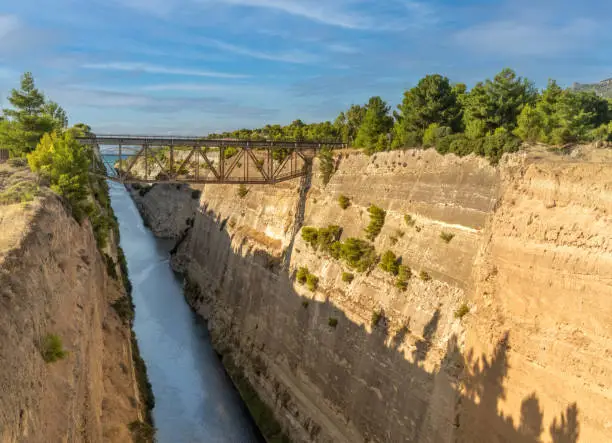 Photo of The stunning Corinth Canal connecting the Gulf of Corinth in the Ionian Sea with the Saronic Gulf in the Aegean Sea.