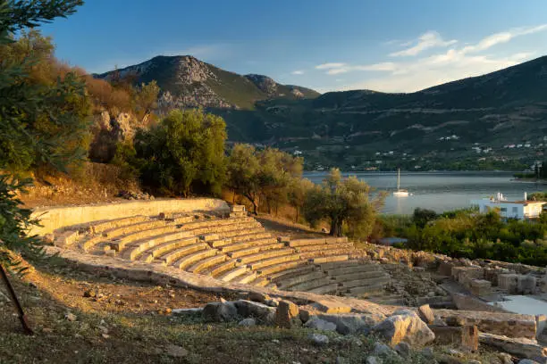 Photo of Ruins of the little Ancient Theatre of Epidaurus, located in the seaside village of Epidaurus, Peloponnese, Greece