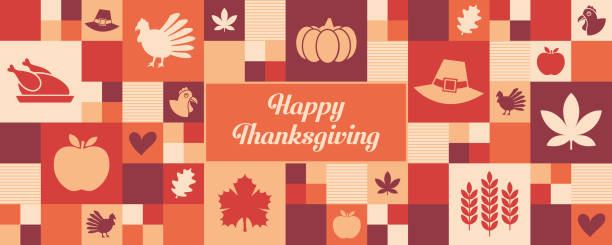 thanksgiving-symbole banner/grußkarte - thanksgiving symbol turkey apple stock-grafiken, -clipart, -cartoons und -symbole