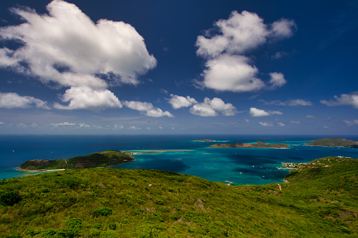 A view of Mosquito, Necker and Prickley Pear Islands from Virgin Gorda in the British Virgin Islands.