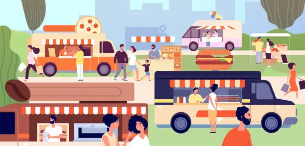 Vector illustration of Street food festival. Festival vendors shops, outdoor business. Fast food trucks and stalls, park event. Summer shopping vector illustration