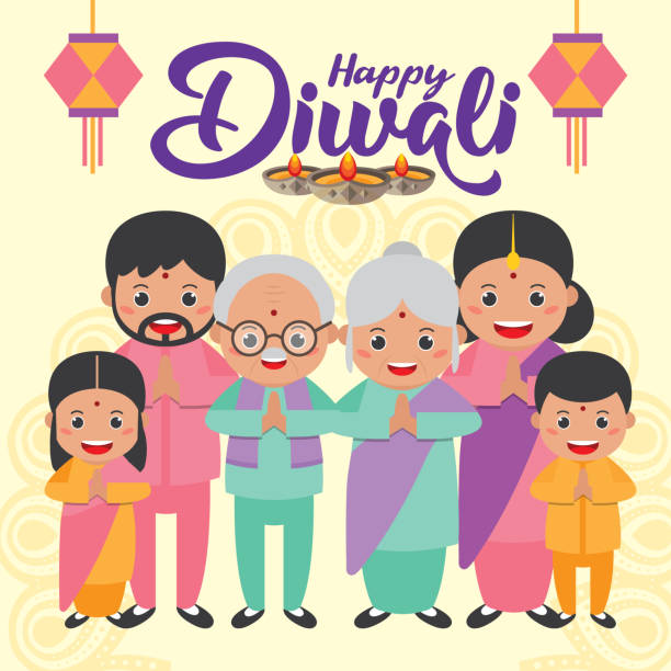 Diwali or deepavali - festival of lights greeting card with cute cartoon Indian family in flat vector illustration. Diwali or deepavali - festival of lights greeting card with cute cartoon Indian family in flat vector illustration. diwali home stock illustrations