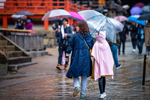 Kyoto, Japan - April 10, 2019: People family tourists with umbrellas walking by entrance during rainy day in Kiyomizu-dera temple