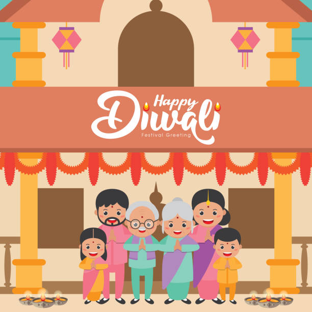 Diwali or deepavali - festival of lights greeting card with cute cartoon Indian family in front of traditional house. Diwali or deepavali - festival of lights greeting card with cute cartoon Indian family in front of traditional house. diwali home stock illustrations