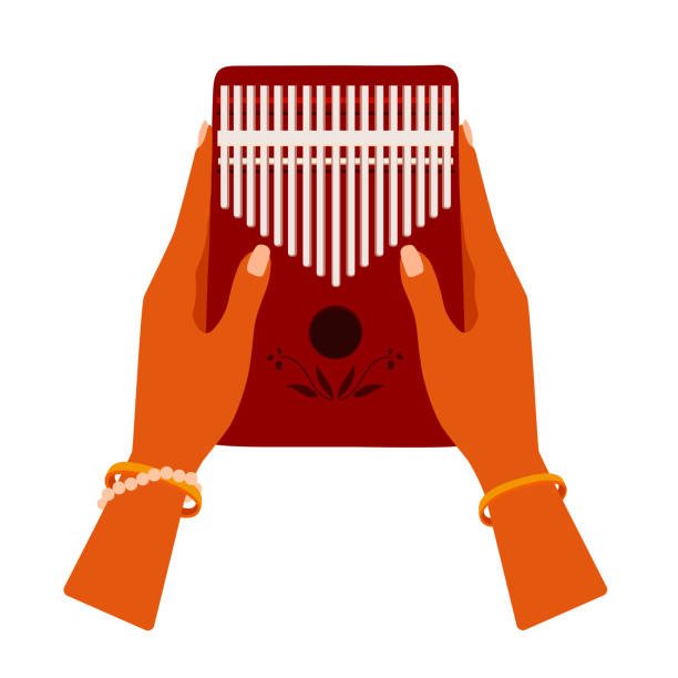 ilustraciones, imágenes clip art, dibujos animados e iconos de stock de thumb piano kalimba 17 teclas. mbira. las manos de la mujer sostienen un instrumento musical. piano portátil de bolsillo dedo. - thumb piano illustrations