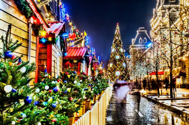 Photo of Chrismas decoration on Moscow steet at night