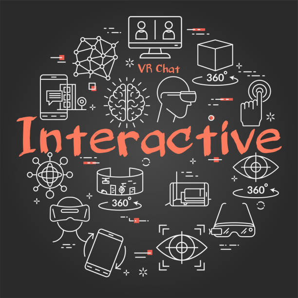 Vector virtual reality black concept with Interactive text Vector linear black concept of virtual reality activity. Text Interactive in center and line icons of VR entertainment and devices. New future technology innovations vision 360 stock illustrations