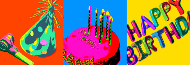 ilustrações, clipart, desenhos animados e ícones de ícones de aniversário - birthday card streamer party balloon