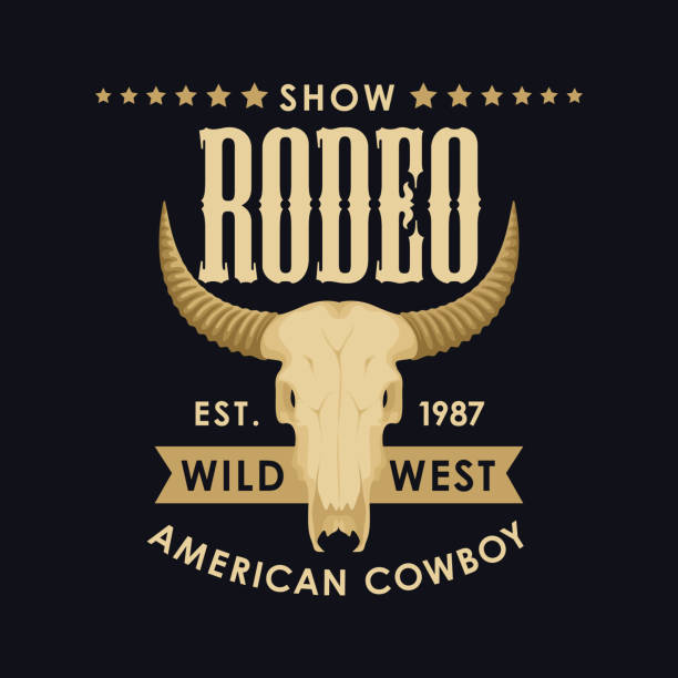 banner für eine cowboy rodeo show mit einem stierschädel - rodeo bull bull riding cowboy stock-grafiken, -clipart, -cartoons und -symbole