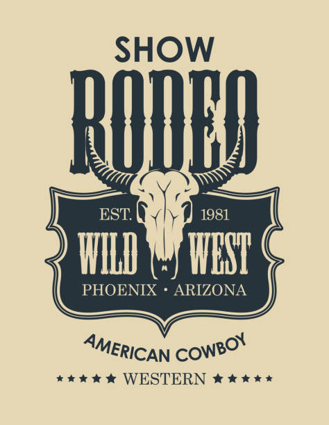 illustrazioni stock, clip art, cartoni animati e icone di tendenza di striscione per uno spettacolo cowboy rodeo con un teschio di toro - western usa