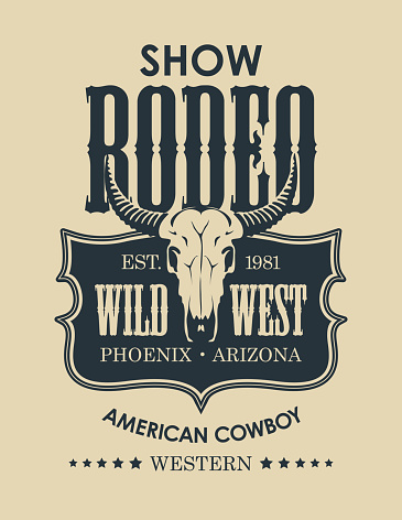 Banner for a Cowboy Rodeo show in retro style. Decorative vector illustration with a skull of bull and lettering on an old paper background. Suitable for poster, label, flyer, logo, t-shirt design
