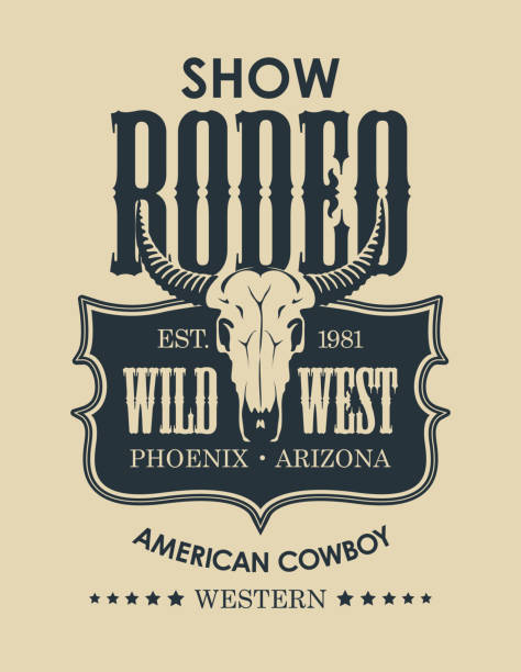 banner for a cowboy Rodeo show with a bull skull Banner for a Cowboy Rodeo show in retro style. Decorative vector illustration with a skull of bull and lettering on an old paper background. Suitable for poster, label, flyer, logo, t-shirt design saloon logo stock illustrations