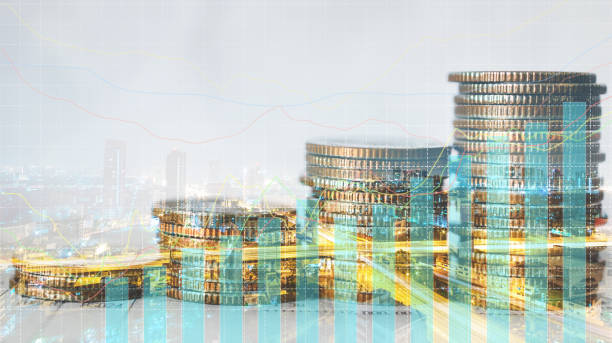 istock double exposure of city with row of coin stack with growth chart and graph progress report for business investment finance banking and money saving concept. 1282866706
